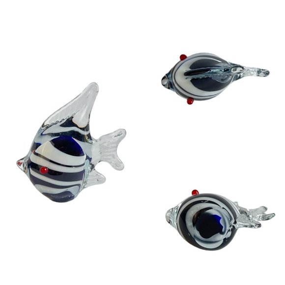 Vintage Swirl Fish Crystal Figurine Murano Style Black & White Set of 2 - Picture 5 of 12
